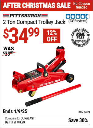 Buy the PITTSBURGH AUTOMOTIVE 2 Ton Compact Trolley Jack (Item 64874) for $34.99, valid through 1/9/2025.