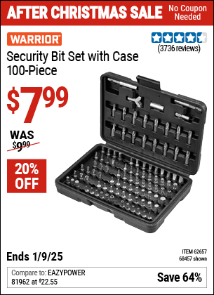 Buy the WARRIOR Security Bit Set with Case, 100 Piece (Item 68457/62657) for $7.99, valid through 1/9/2025.