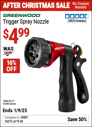 Buy the GREENWOOD Trigger Spray Nozzle (Item 92398) for $4.99, valid through 1/9/2025.