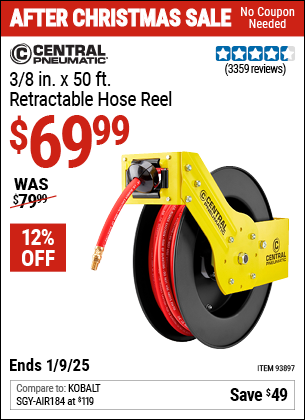 Buy the CENTRAL PNEUMATIC 3/8 in. x 50 ft. Retractable Hose Reel (Item 93897) for $69.99, valid through 1/9/2025.