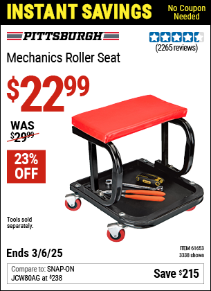 Buy the PITTSBURGH AUTOMOTIVE Mechanics Roller Seat (Item 03338/61653) for $22.99, valid through 3/6/2025.