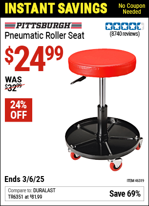 Buy the PITTSBURGH AUTOMOTIVE Pneumatic Roller Seat (Item 46319) for $24.99, valid through 3/6/2025.