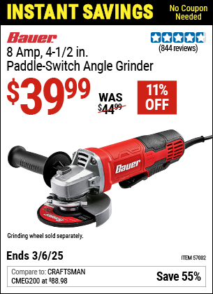 Buy the BAUER 8 Amp, 4-1/2 in. Paddle Switch Angle Grinder (Item 57002) for $39.99, valid through 3/6/2025.