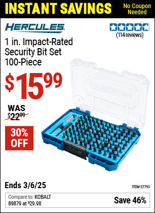 Buy the HERCULES 1 in. Impact-Rated Security Bit Set, 100-Piece (Item 57793) for $15.99, valid through 3/6/2025.