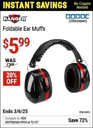 Buy the RANGER Foldable Ear Muffs (Item 58353) for $5.99, valid through 3/6/2025.