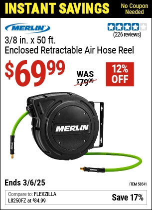 Buy the MERLIN 3/8 in. x 50 Ft. Enclosed Retractable Air Hose Reel (Item 58541) for $69.99, valid through 3/6/2025.