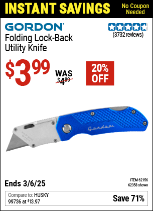 Buy the GORDON Folding Lock-Back Utility Knife (Item 62358/62156) for $3.99, valid through 3/6/2025.