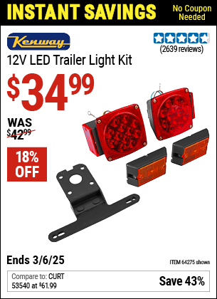 Buy the KENWAY 12V LED Trailer Light Kit (Item 64275) for $34.99, valid through 3/6/2025.