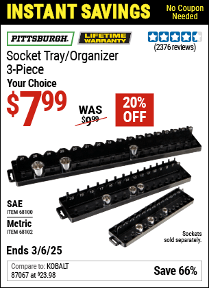 Buy the PITTSBURGH Socket Tray/Organizer, 3-Piece (Item 68100/68102) for $7.99, valid through 3/6/2025.