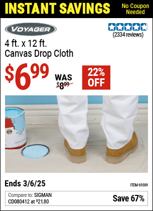 Buy the VOYAGER 4 x 12 Canvas Drop Cloth (Item 69309) for $6.99, valid through 3/6/2025.