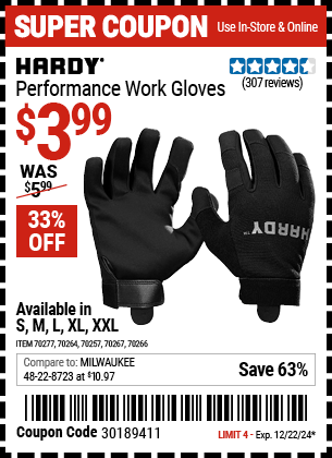 Buy the HARDY Performance Work Gloves (Item 70257/70264/70266/70267/70277) for $3.99, valid through 12/22/2024.