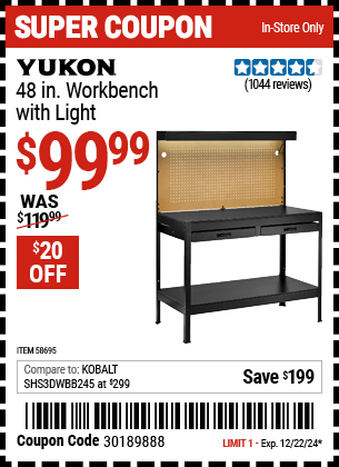 Buy the YUKON 48 in. Workbench with Light (Item 58695) for $99.99, valid through 12/22/2024.