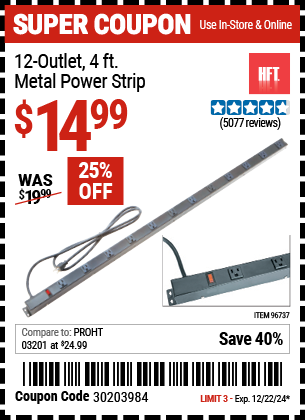 Buy the HFT 12-Outlet, 4 ft. Metal Power Strip (Item 96737) for $14.99, valid through 12/22/2024.