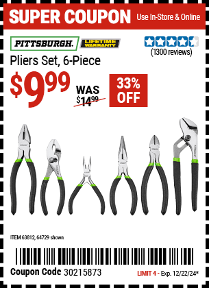 Buy the PITTSBURGH Pliers Set, 6-Piece (Item 64729/63812) for $9.99, valid through 12/22/2024.