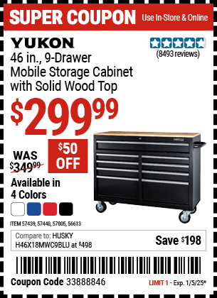 Buy the YUKON 46 in. 9 Drawer Mobile Storage Cabinet with Solid Wood Top (Item 56613/57439/57440/57805) for $299.99, valid through 1/5/2025.