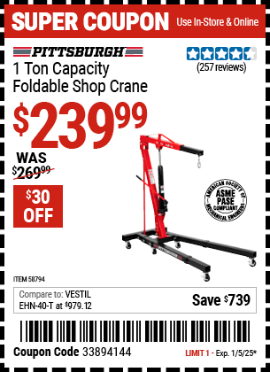 Buy the PITTSBURGH 1 Ton Capacity Foldable Shop Crane (Item 58794) for $239.99, valid through 1/5/2025.