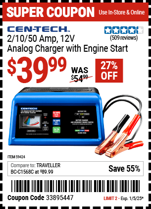 Buy the CEN-TECH 2/10/50 Amp, 12V Analog Charger with Engine Start (Item 59424) for $39.99, valid through 1/5/2025.