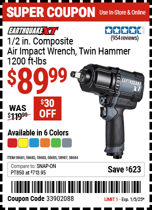 Buy the EARTHQUAKE XT 1/2 in. Composite Air Impact Wrench, Twin Hammer, 1200 ft-lbs (Item 58681/58682/58683/58684/58685/58987) for $89.99, valid through 1/5/2025.