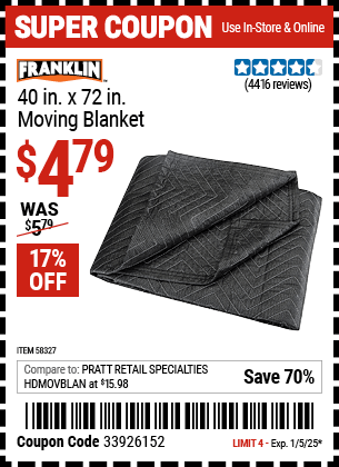 Buy the FRANKLIN 40 in. x 72 in. Moving Blanket (Item 58327) for $4.79, valid through 1/5/2025.