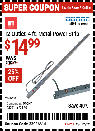 Buy the HFT 12-Outlet, 4 ft. Metal Power Strip (Item 96737) for $14.99, valid through 1/5/2025.