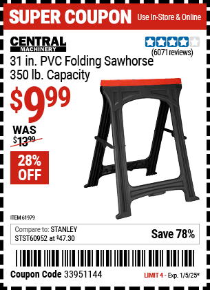 Buy the CENTRAL MACHINERY 31 in. PVC Folding Sawhorse, 350 lb. Capacity (Item 61979) for $9.99, valid through 1/5/2025.