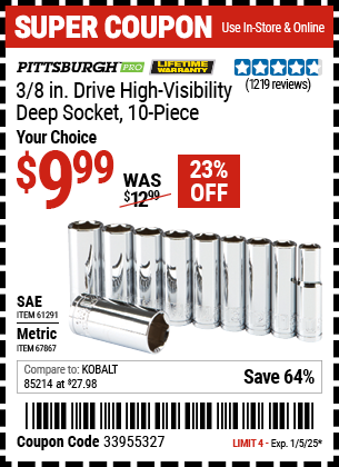 Buy the PITTSBURGH PRO 3/8 in. Drive High Visibility Deep Socket, 10-Piece (Item 61291/67867) for $9.99, valid through 1/5/2025.