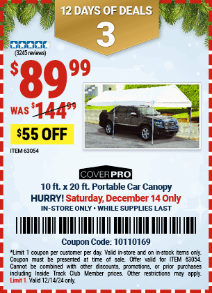 Buy the COVERPRO 10 ft. x 20 ft. Portable Car Canopy (Item 63054) for $89.99, valid through 12/14/2024.