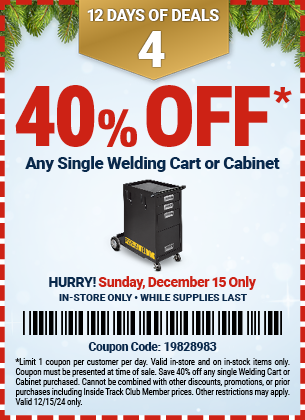 40% Off Any Single Welding Cart or Cabinet, valid through 12/15/2024.