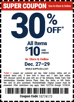 30% Off All Items $10 and Under, valid through 12/29/2024.