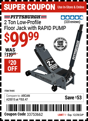 Buy the PITTSBURGH 2 Ton Low-Profile Floor Jack with RAPID PUMP, Slate Gray (Item 70485) for $99.99, valid through 12/29/2024.