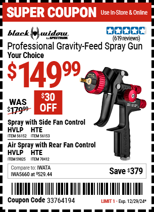 Buy the BLACK WIDOW BY SPECTRUM Professional Gravity Feed Spray Gun with Side Fan Control (Item 56152/56153/59825/70412) for $149.99, valid through 12/29/2024.