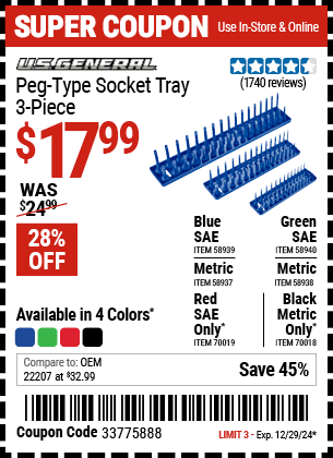 Buy the U.S. GENERAL Peg-Type Socket Tray, 3-Piece (Item 58937/58938/58939/58940/70018/70019) for $17.99, valid through 12/29/2024.