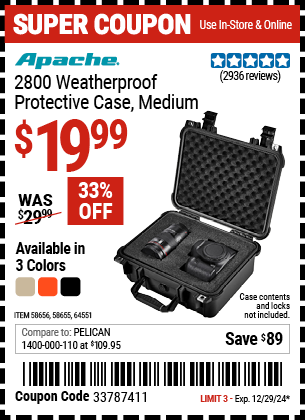 Buy the APACHE 2800 Weatherproof Protective Case, Medium (Item 58655/58656/64551) for $19.99, valid through 12/29/2024.