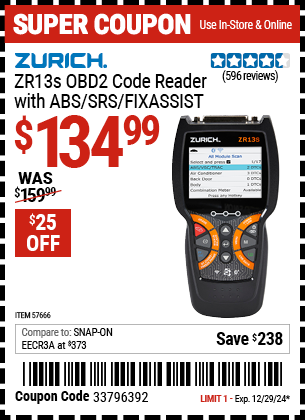 Buy the ZURICH ZR13s OBD2 Code Reader with ABS/SRS/FIXASSIST (Item 57666) for $134.99, valid through 12/29/2024.