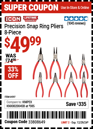 Buy the ICON Precision Snap Ring Pliers, 8-Piece (Item 64597) for $49.99, valid through 12/29/2024.