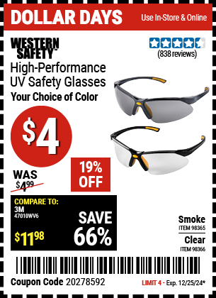 Buy the WESTERN SAFETY High Performance UV Safety Glasses (Item 98365/98366) for $4, valid through 12/25/2024.