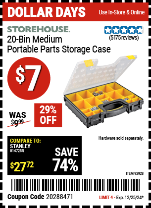 Buy the STOREHOUSE 20-Bin Medium Portable Parts Storage Case (Item 93928) for $7, valid through 12/25/2024.