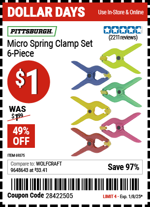 Buy the PITTSBURGH Micro Spring Clamp Set, 6-Piece (Item 69375) for $1, valid through 1/8/2024.