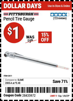 Buy the PITTSBURGH AUTOMOTIVE Pencil Tire Gauge (Item 63611) for $1, valid through 1/8/2024.