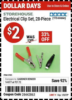 Buy the STOREHOUSE Electrical Clip Set, 28-Piece (Item 67589) for $2, valid through 1/8/2024.