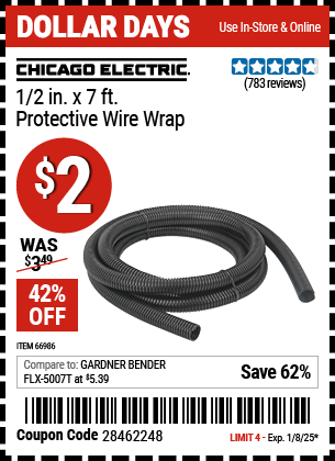 Buy the CHICAGO ELECTRIC 1/2 in. x 7 ft. Protective Wire Wrap (Item 66986) for $2, valid through 1/8/2024.