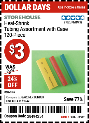 Buy the STOREHOUSE Heat-Shrink Tubing Assortment with Case, 120-Piece (Item 67530) for $3, valid through 1/8/2024.