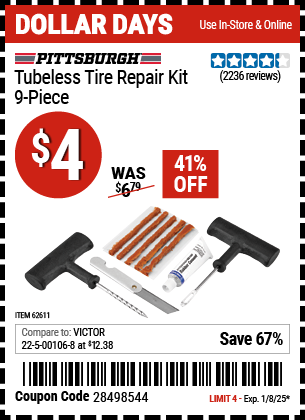 Buy the PITTSBURGH AUTOMOTIVE Tubeless Tire Repair Kit, 9-Piece (Item 62611) for $4, valid through 1/8/2024.