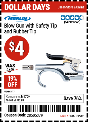 Buy the MERLIN Blow Gun with Safety Tip and Rubber Tip (Item 63577) for $4, valid through 1/8/2024.