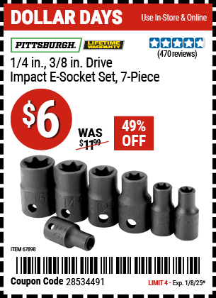 Buy the PITTSBURGH 1/4 in., 3/8 in. Drive Impact E-Socket Set, 7-Piece (Item 67898) for $6, valid through 1/8/2024.