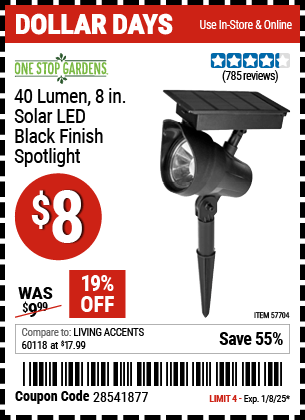 Buy the ONE STOP GARDENS 40 Lumen, 8 in. Solar LED Black Finish Spotlight (Item 57704) for $8, valid through 1/8/2024.