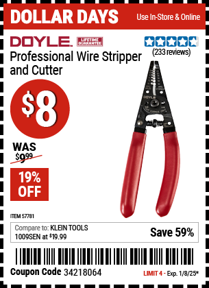 Buy the DOYLE Professional Wire Stripper and Cutter (Item 57781) for $8, valid through 1/8/2024.