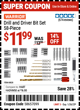 Buy the WARRIOR Drill and Driver Bit Set, 58 Piece (Item 68828) for $11.99, valid through 1/26/2025.