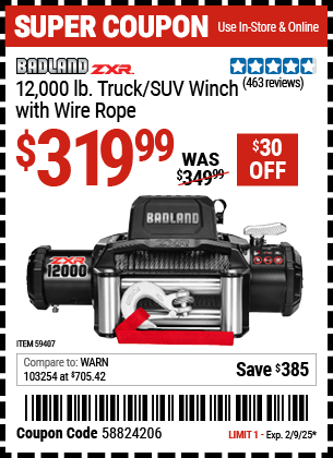 Buy the BADLAND ZXR 12,000 lb. Truck/SUV Winch with Wire Rope (Item 59407) for $319.99, valid through 2/9/2025.