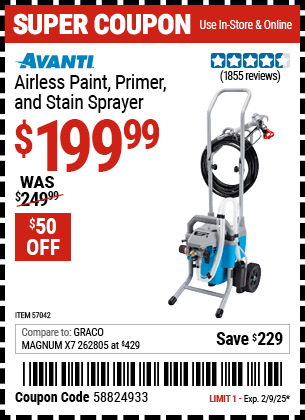 Buy the AVANTI Airless Paint, Primer & Stain Sprayer (Item 57042) for $199.99, valid through 2/9/2025.